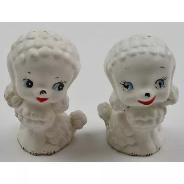 Vintage White Ceramic Poodle Salt & Pepper Shakers - 3.25" Tall