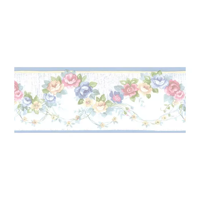Rose Scallop Wallpaper Border Blue, Pink, Cream, Green Norwall Wallcovering PR79656