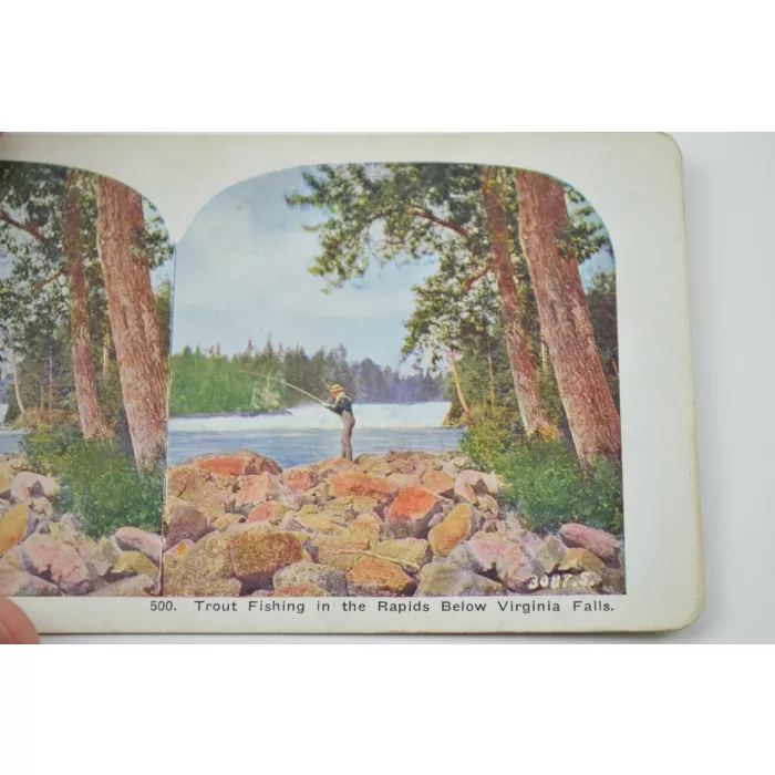 Antique Stereoview - No. 500 - Trout Fishing in The Rapids Below Virginia Falls