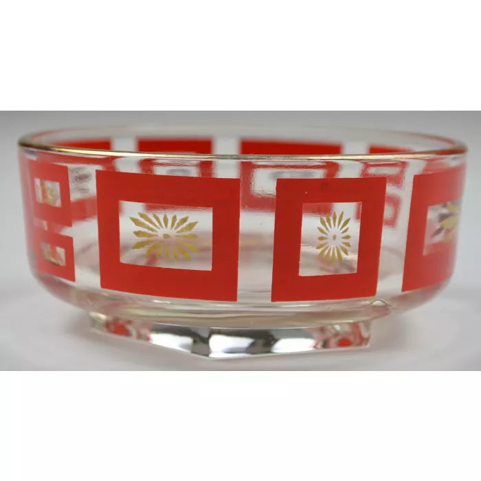 Vintage Clear Glass Bowl - Red Square & Gold Sunburst Pattern - 4.5" Round