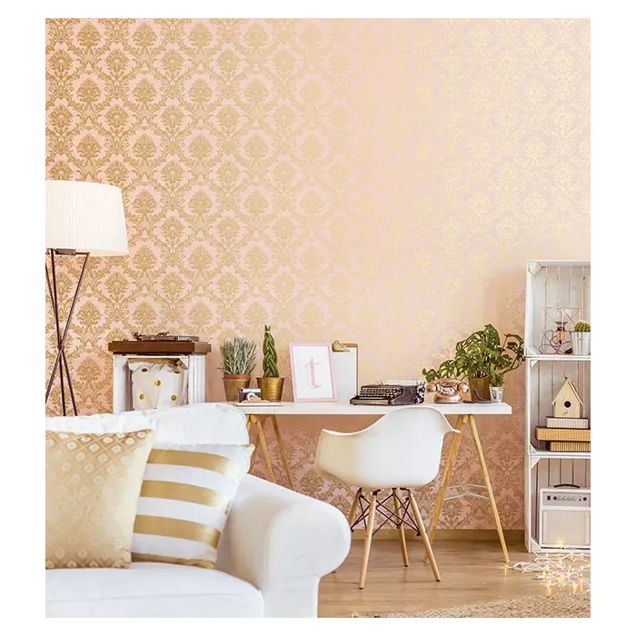 In Register Classic Damask Wallpaper Metallic Gold, Pink Norwall Wallcovering IM36406