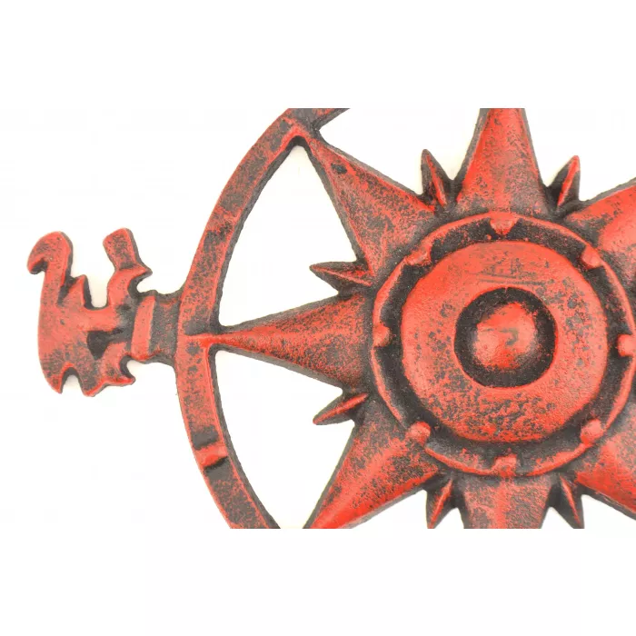 Cast Iron Nautical Compass Wall Plaque - Aged Red Finish - 11" Wide