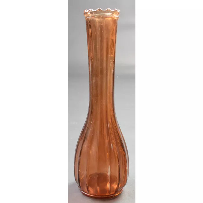 Amber Glass Bud Vase - Fluted Bulbous Base - 8.75" Scalloped Rim