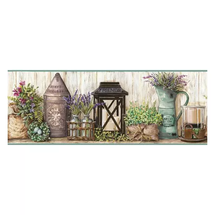York Wallcoverings Country Keepsakes Garden Border Removable Wallpaper, Cream, Taupe, Black, Green, Aqua, Purple, Magenta