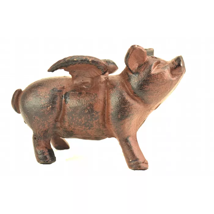 Decorative Metal Sculpture - Flying Pig With Wings - Rust Finish - 4.5" Tall