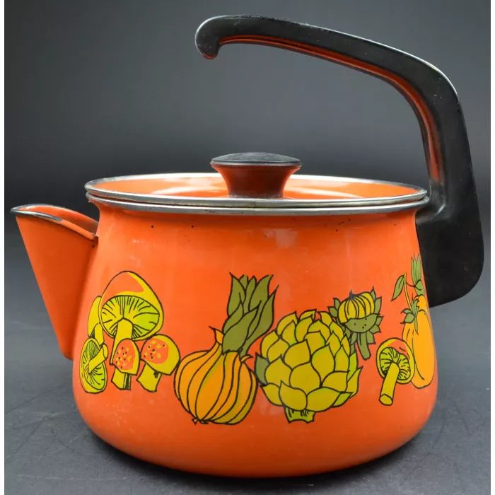 Vintage Orange Enamelware Tea Kettle - Vegetable Pattern - 8" Tall