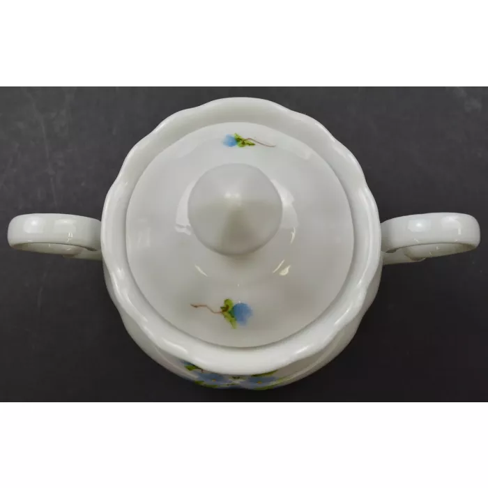 Porcelain Lidded Sugar Bowl - Hand Painted Blue Floral Pattern - Signed Lindy