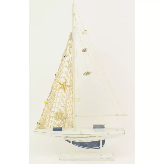 Decorative Wooden Sailboat Figurine - Blue & White With Fishing Net