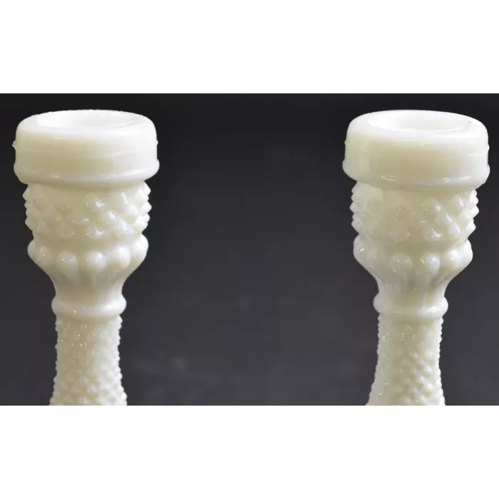 Hobnail Milk Glass Single Light Candlestick Holders - Set Of Two - 6.75" Tall