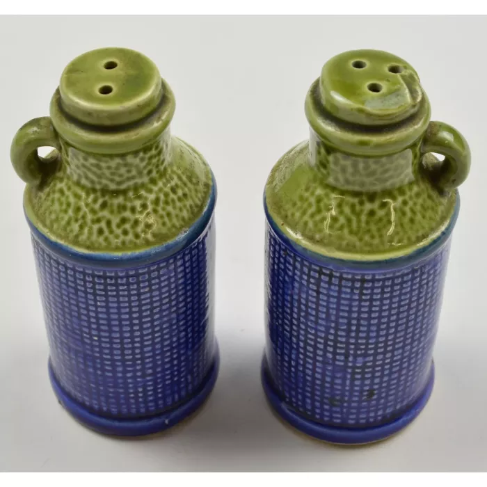 Vintage Blue & Green Ceramic Milk Can Salt & Pepper Shakers - 3.625" Tall