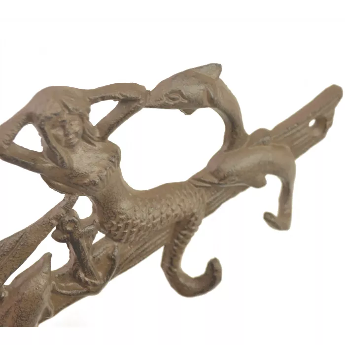Metal Wall Hook Rack - Mermaid & Dolphins - Rust Brown - 7.25" Wide