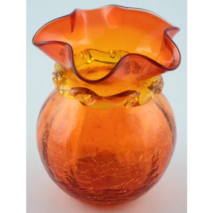 Vintage Blown Crackle Glass Vase - 5" Tall - Aberina and Amber - Collectible