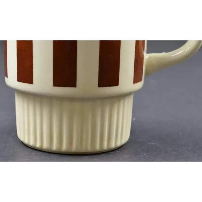 White With Brown Striped Pottery Coffee Mug - Marked USA - 3.5" Tall