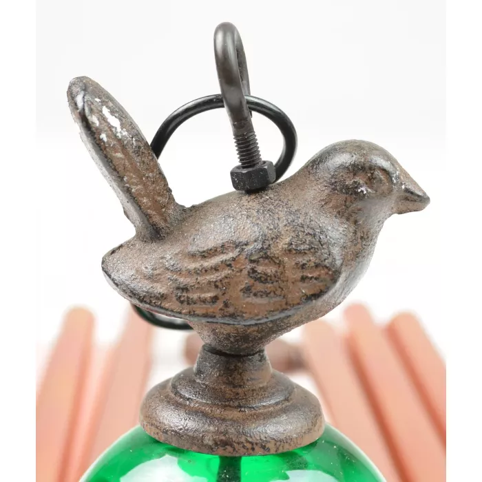 Cast Iron Bird Wind Chime With Green Globes - 31" Tall