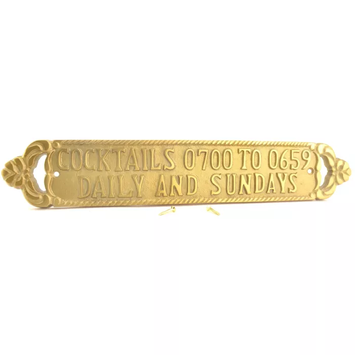 Metal Bar Plaque / Sign - Cocktails Daily & Sundays - Gold Toned