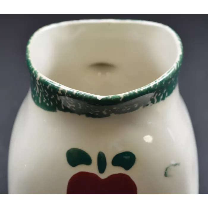 Green Spongeware With Red Apple Pottery Creamer - 3.75" Tall