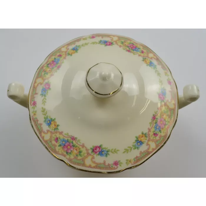 Vintage Handled Sugar Bowl & Lid - Floral Design With Gold Accents - 4.25" Tall