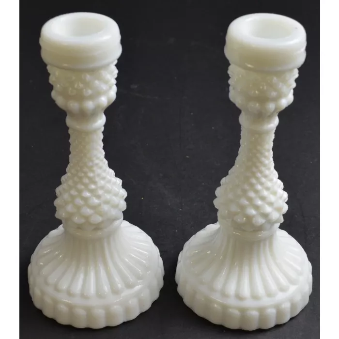 Hobnail Milk Glass Single Light Candlestick Holders - Set Of Two - 6.75" Tall