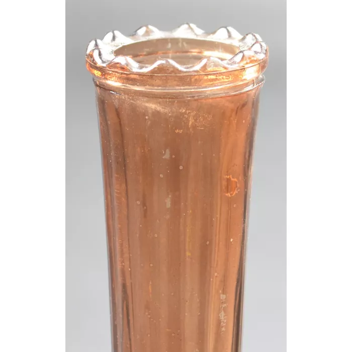 Amber Glass Bud Vase - Fluted Bulbous Base - 8.75" Scalloped Rim