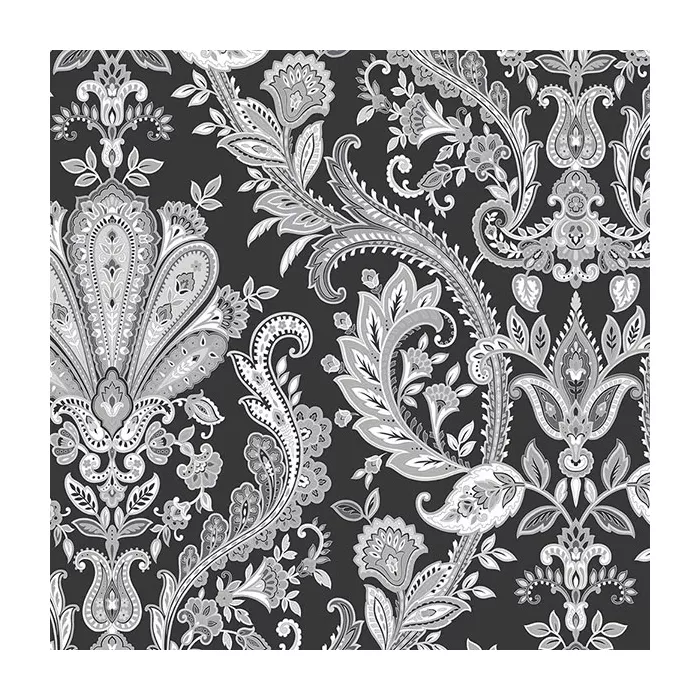 Jacobean Paisley Wallpaper Black, Grey, Metallic Silver Norwall Wallcovering MD29430
