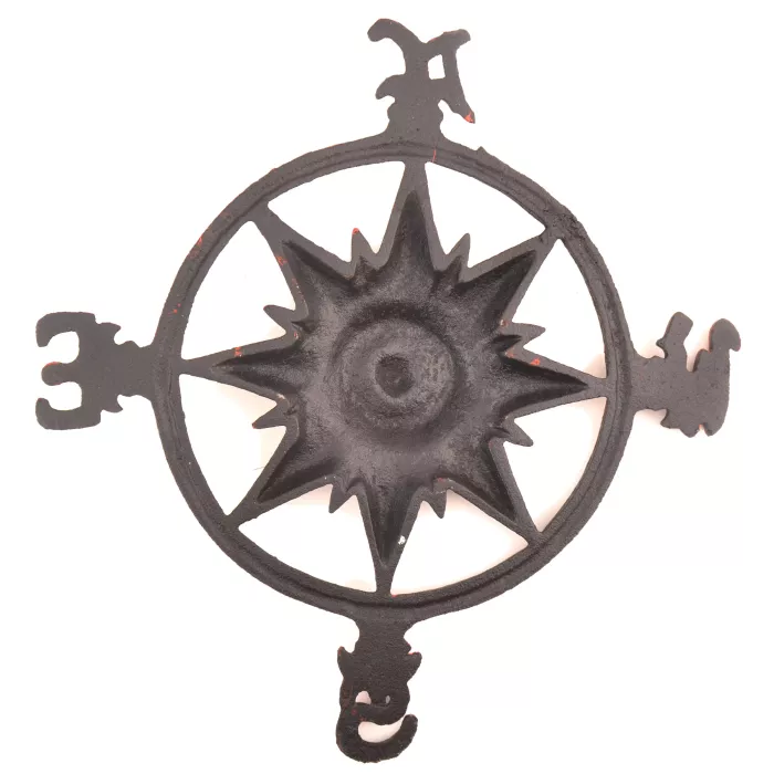 Cast Iron Nautical Compass Wall Plaque - Aged Red Finish - 11" Wide