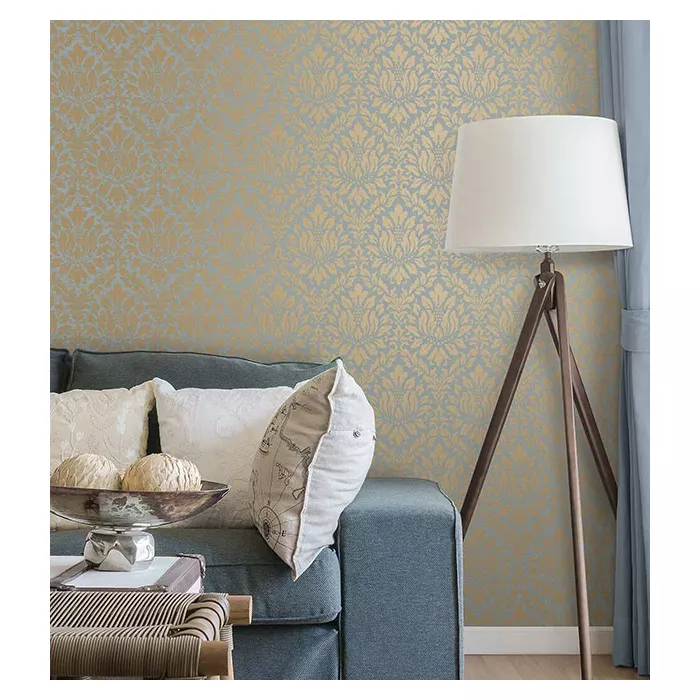 Stitched Damask Wallpaper Blue, Metallic Gold Norwall Wallcovering SD36141