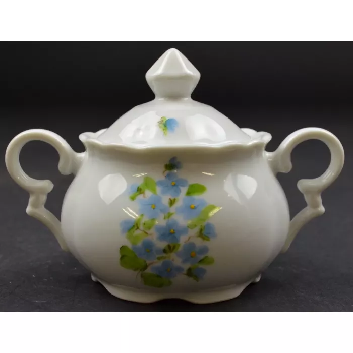 Porcelain Lidded Sugar Bowl - Hand Painted Blue Floral Pattern - Signed Lindy