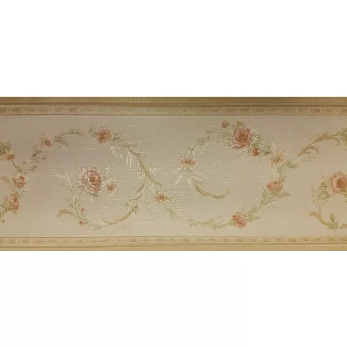 Pink Flowers On Green Vine Textured Wallpaper Border - Imperial