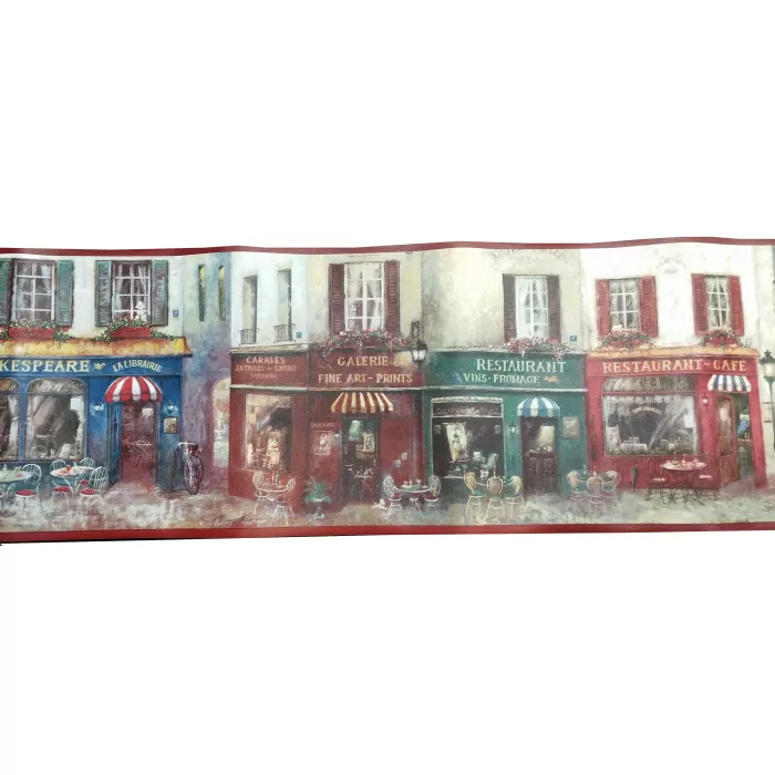 French Cafe Restaurant Wallpaper Border - Red Trim - Patton Norwall