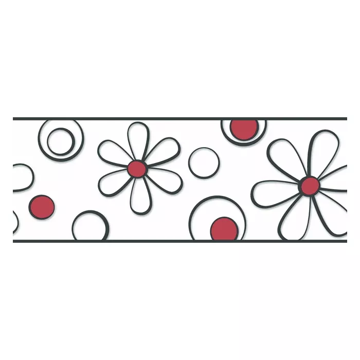 Black & White Daisy Flowers With Red Center Wallpaper Border - York