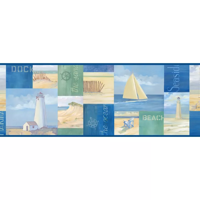 Nantucket Blue Coastal Breeze Collage Wallpaper Border Chesapeake BBC46041B