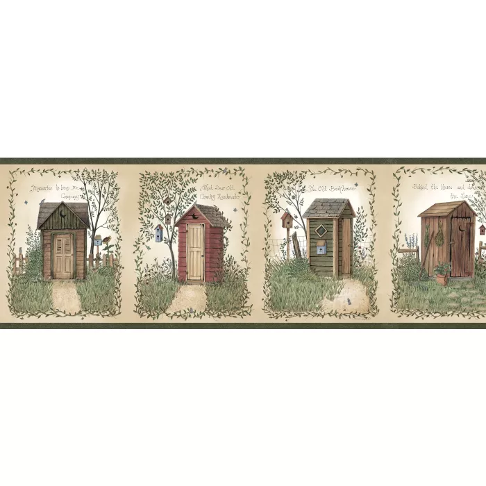 Fennel Wheat Outhouse Portrait Blocks Wallpaper Border Chesapeake BBC50321B