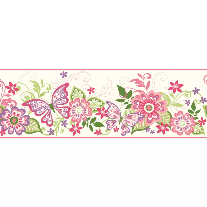 Kendra Pink Butterflies Blooms Trail Wallpaper Border Chesapeake BBC94071B