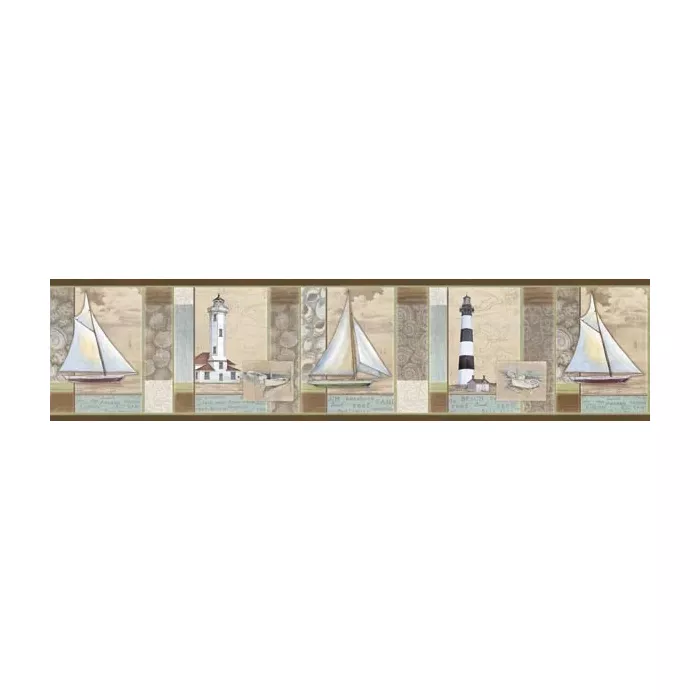 Mashpee Beige White Crossing wallpaper border Border Chesapeake DLR53542B