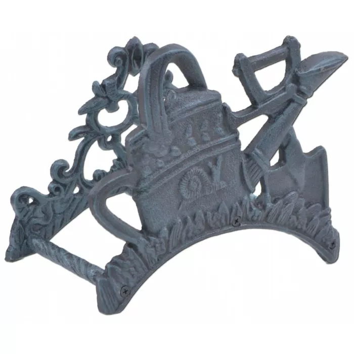 Garden Hose Holder - Snail Watering Can & Shovel - Verdigris Cast Iron - 9" Wide
