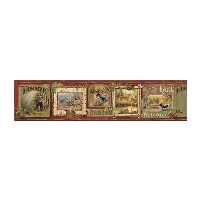 Poinsett Dark Red Cabin Fever Wallpaper Border Chesapeake TLL01542B