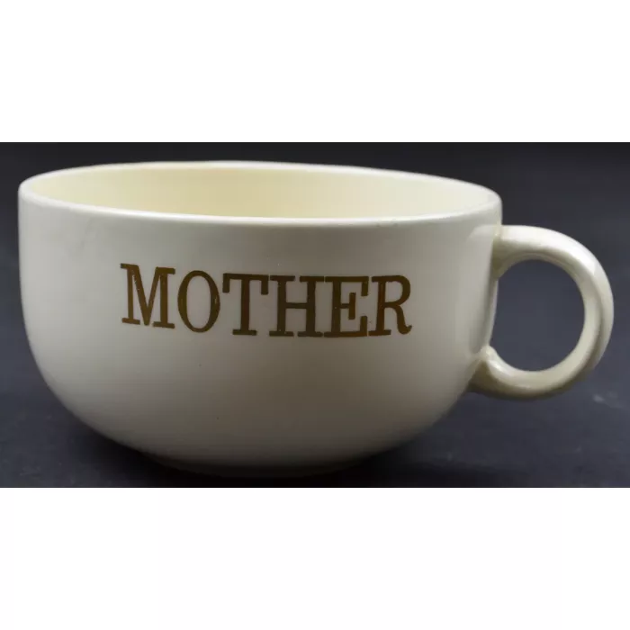 White Pottery Handled Soup Bowl / Mug - Mother & Father - 4.75" Wide