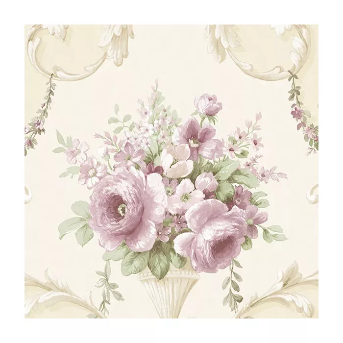 In-register Ornamental Floral Wallpaper Light Cream, Pink, Green Norwall Wallcovering IM36422