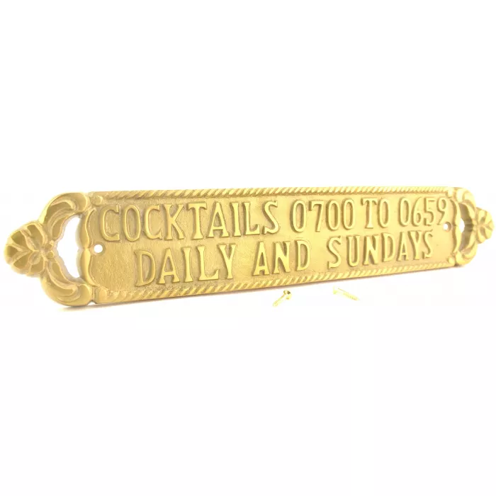 Metal Bar Plaque / Sign - Cocktails Daily & Sundays - Gold Toned