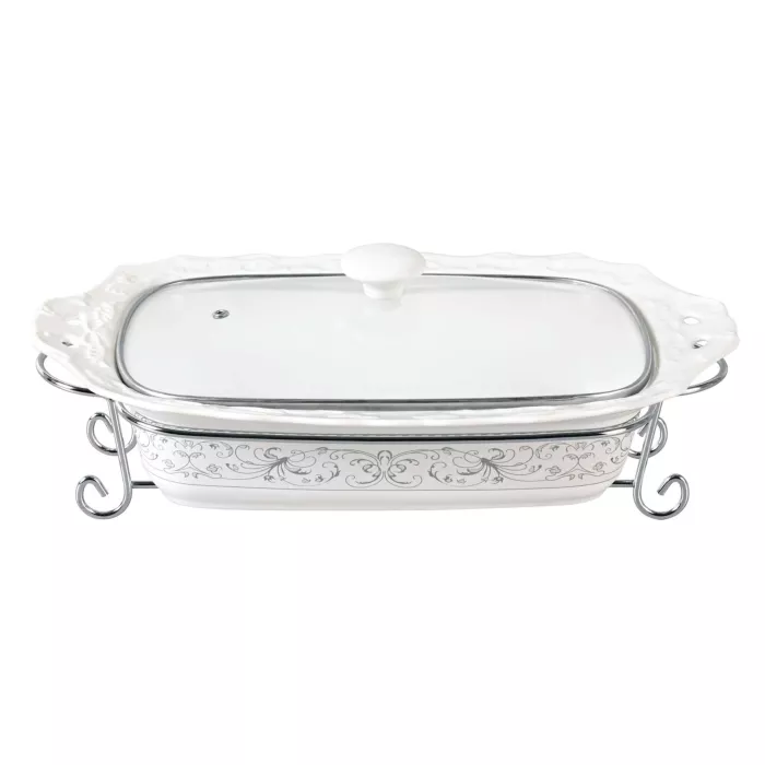 D'Lusso Designs Deco Design Fifteen Inch Rectangular Casserole With Metal Stand
