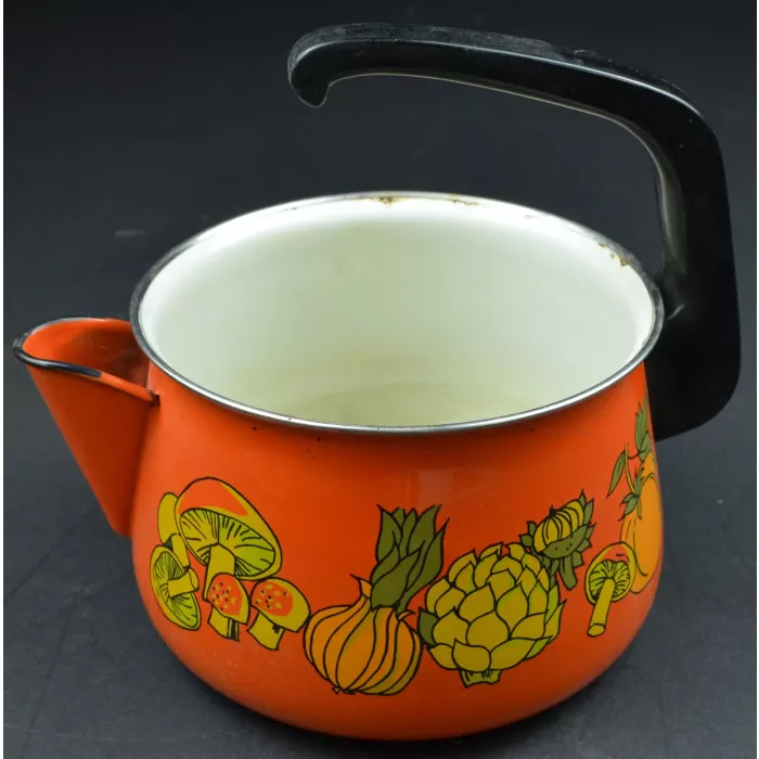 Vintage Orange Enamelware Tea Kettle - Vegetable Pattern - 8" Tall