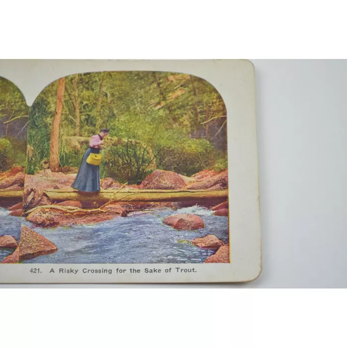 Antique Stereoview - No. 421 - A Risky Crossing For The Sake Of Trout