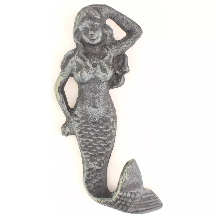 Cast Iron Wall Hook - Verdigris Mermaid Design - 5.625" Tall