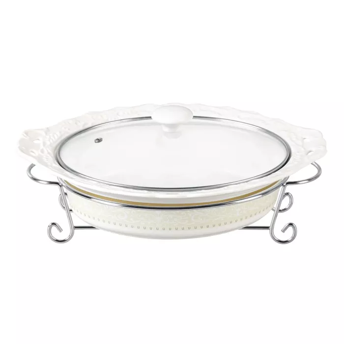 D'Lusso Designs Classic Design Fourteen Inch Oval Casserole With Metal Stand