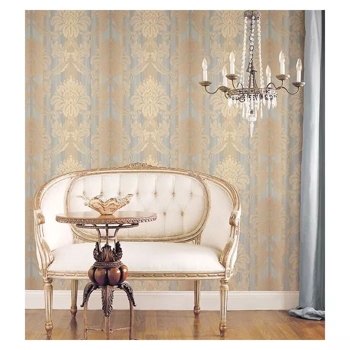 String Damask Wallpaper Blue, Beige, Metallic Gold Norwall Wallcovering CS35603