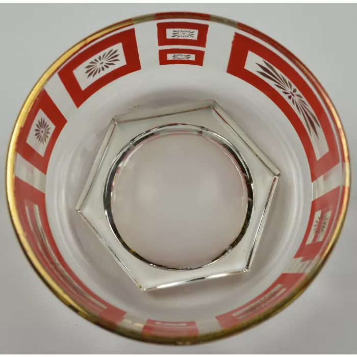 Vintage Clear Glass Bowl - Red Square & Gold Sunburst Pattern - 4.5" Round
