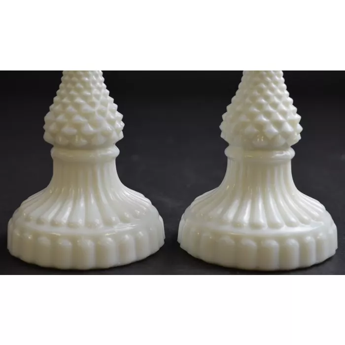 Hobnail Milk Glass Single Light Candlestick Holders - Set Of Two - 6.75" Tall
