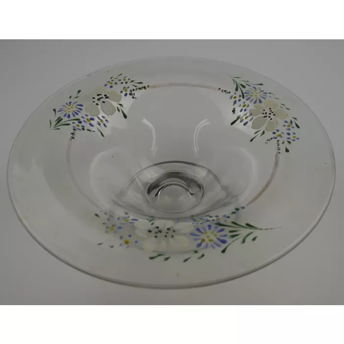 Vintage Hand Painted Floral Pattern Footed Glass Bowl - 10" Round