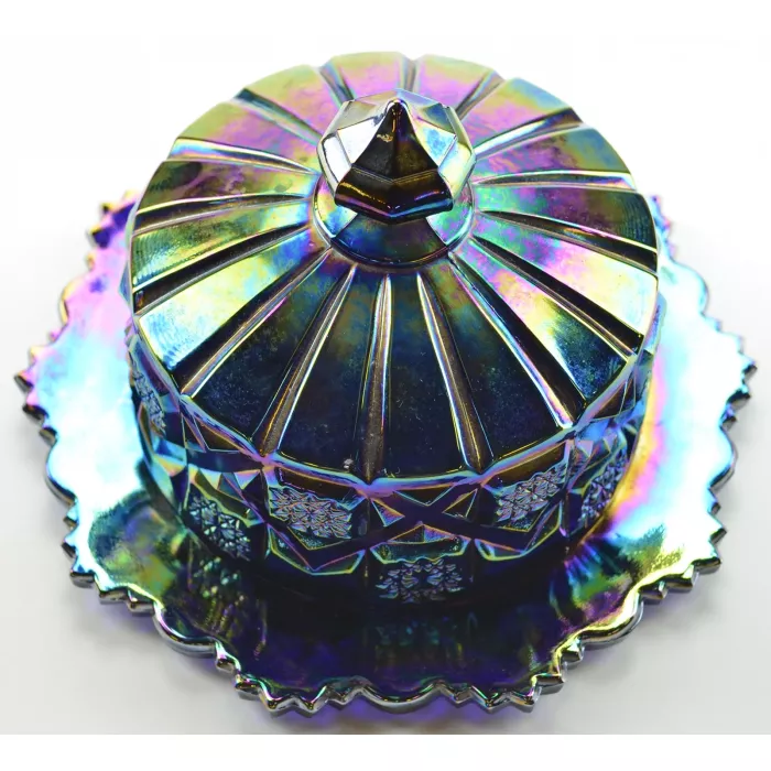 Westmoreland Glass Blue Carnival Glass Lidded Butter Dish