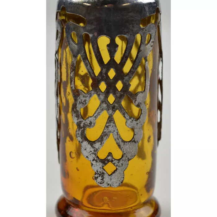 Vintage Amber Salt & Pepper Shakers With Ornate Metal Accents - 4" Tall